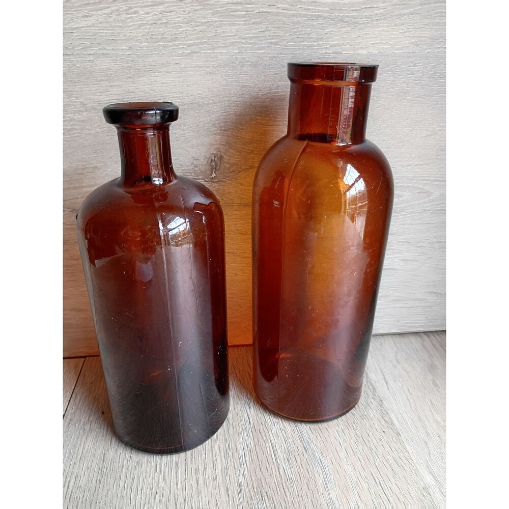 Antique Amber Glass Bottles Apothecary Medicine Bottles 20 & 16 Ozs